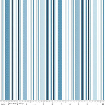 Image of Sunshine & Dandelions Stripes Blue quilting cotton fabric by Traci Reed for Riley Blake Designs. Features stripes on a blue background. Cute Little Fabric Shop.