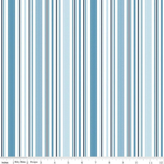 Image of Sunshine & Dandelions Stripes Blue quilting cotton fabric by Traci Reed for Riley Blake Designs. Features stripes on a blue background. Cute Little Fabric Shop.