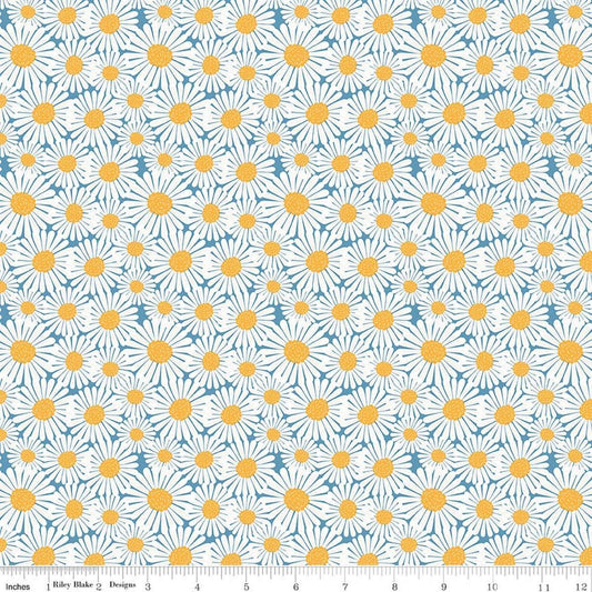 Image of Sunshine & Dandelions Daisies Blue quilting cotton fabric by Traci Reed for Riley Blake Designs. Features flowers on a blue background. Cute Little Fabric Shop.