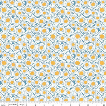 Image of Sunshine & Dandelions Daisies Blue quilting cotton fabric by Traci Reed for Riley Blake Designs. Features flowers on a blue background. Cute Little Fabric Shop.