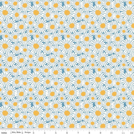 Image of Sunshine & Dandelions Daisies Blue quilting cotton fabric by Traci Reed for Riley Blake Designs. Features flowers on a blue background. Cute Little Fabric Shop.