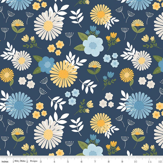 Image of Sunshine & Dandelions Main Navy quilting cotton fabric by Traci Reed for Riley Blake Designs. Features flowers on a blue background. Cute Little Fabric Shop.