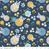 Image of Sunshine & Dandelions Main Navy quilting cotton fabric by Traci Reed for Riley Blake Designs. Features flowers on a blue background. Cute Little Fabric Shop.