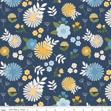 Image of Sunshine & Dandelions Main Navy quilting cotton fabric by Traci Reed for Riley Blake Designs. Features flowers on a blue background. Cute Little Fabric Shop.
