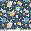Image of Sunshine & Dandelions Main Navy quilting cotton fabric by Traci Reed for Riley Blake Designs. Features flowers on a blue background. Cute Little Fabric Shop.