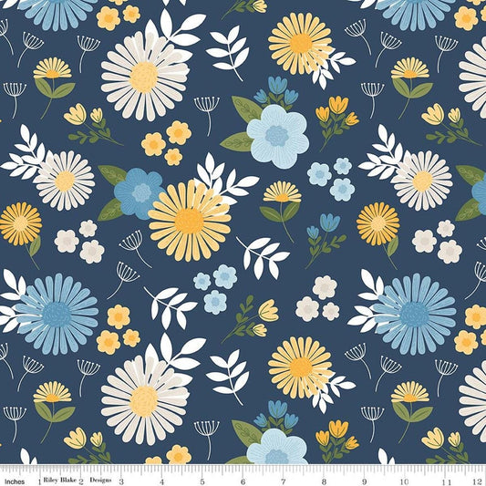 Image of Sunshine & Dandelions Main Navy quilting cotton fabric by Traci Reed for Riley Blake Designs. Features flowers on a blue background. Cute Little Fabric Shop.