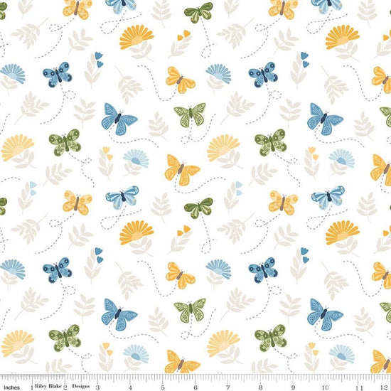 Image of Sunshine & Dandelions Butterflies Cloud quilting cotton fabric by Traci Reed for Riley Blake Designs. Features butterflies on a white background. Cute Little Fabric Shop.