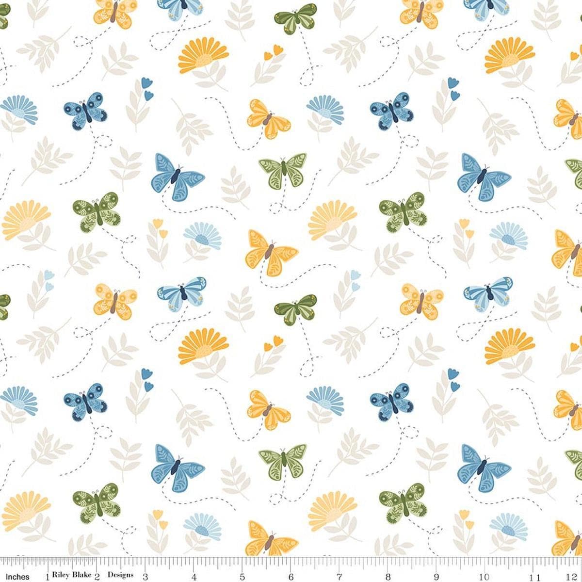 Image of Sunshine & Dandelions Butterflies Cloud quilting cotton fabric by Traci Reed for Riley Blake Designs. Features butterflies on a white background. Cute Little Fabric Shop.