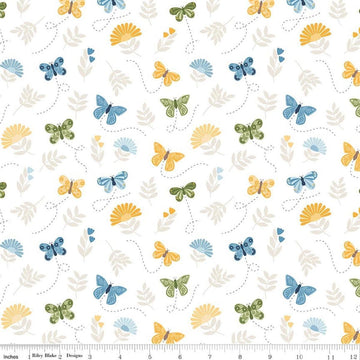 Image of Sunshine & Dandelions Butterflies Cloud quilting cotton fabric by Traci Reed for Riley Blake Designs. Features butterflies on a white background. Cute Little Fabric Shop.