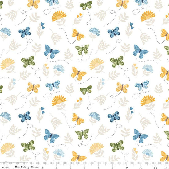 Image of Sunshine & Dandelions Butterflies Cloud quilting cotton fabric by Traci Reed for Riley Blake Designs. Features butterflies on a white background. Cute Little Fabric Shop.