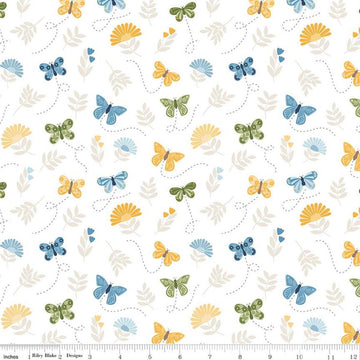 Image of Sunshine & Dandelions Butterflies Cloud quilting cotton fabric by Traci Reed for Riley Blake Designs. Features butterflies on a white background. Cute Little Fabric Shop.