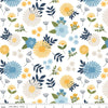 Image of Sunshine & Dandelions Main Cloud quilting cotton fabric by Traci Reed for Riley Blake Designs. Features flowers on a white background. Cute Little Fabric Shop.