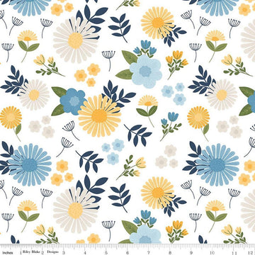 Image of Sunshine & Dandelions Main Cloud quilting cotton fabric by Traci Reed for Riley Blake Designs. Features flowers on a white background. Cute Little Fabric Shop.