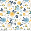 Image of Sunshine & Dandelions Main Cloud quilting cotton fabric by Traci Reed for Riley Blake Designs. Features flowers on a white background. Cute Little Fabric Shop.