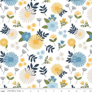 Image of Sunshine & Dandelions Main Cloud quilting cotton fabric by Traci Reed for Riley Blake Designs. Features flowers on a white background. Cute Little Fabric Shop.