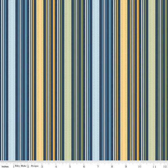 Image of Sunshine & Dandelions Stripes Navy quilting cotton fabric by Traci Reed for Riley Blake Designs. Features stripes on a green, blue, and yellow background. Cute Little Fabric Shop.