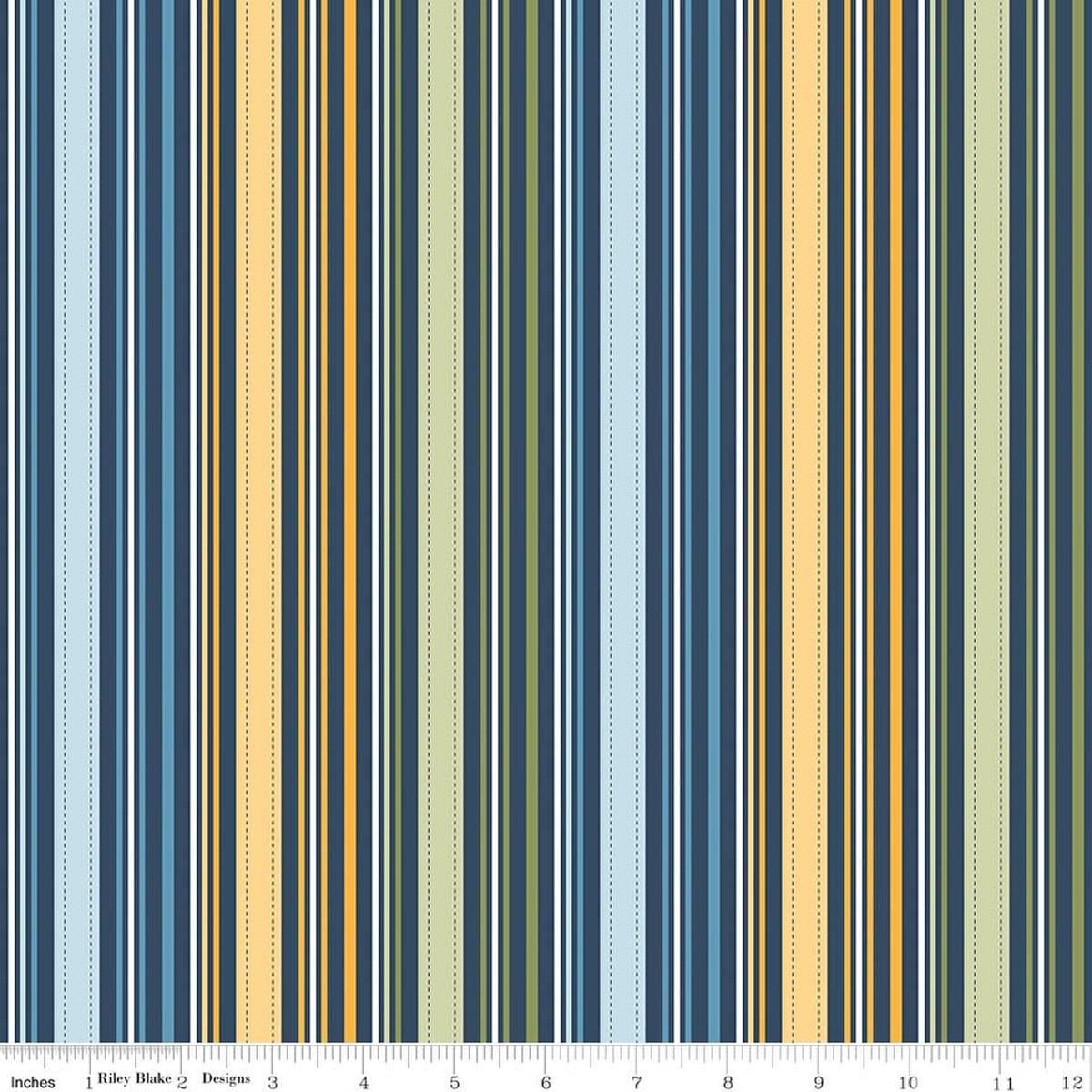 Image of Sunshine & Dandelions Stripes Navy quilting cotton fabric by Traci Reed for Riley Blake Designs. Features stripes on a green, blue, and yellow background. Cute Little Fabric Shop.