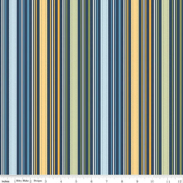 Image of Sunshine & Dandelions Stripes Navy quilting cotton fabric by Traci Reed for Riley Blake Designs. Features stripes on a green, blue, and yellow background. Cute Little Fabric Shop.