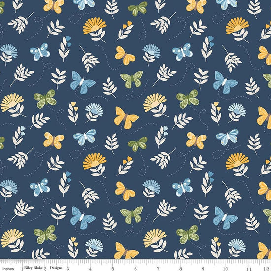 Image of Sunshine & Dandelions Butterflies Navy quilting cotton fabric by Traci Reed for Riley Blake Designs. Features butterflies on a blue background. Cute Little Fabric Shop.