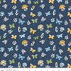 Image of Sunshine & Dandelions Butterflies Navy quilting cotton fabric by Traci Reed for Riley Blake Designs. Features butterflies on a blue background. Cute Little Fabric Shop.