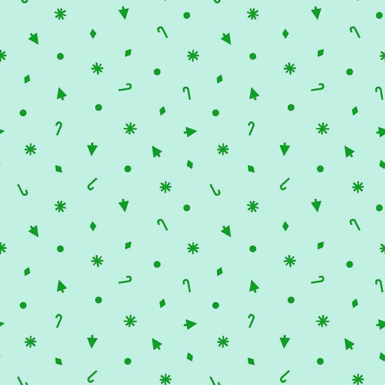 Image of Merry Happy Christmas Confetti Mint quilting cotton fabric by Kimberly Kight of Ruby Star Society for Moda Fabrics. Features christmas icons on a green background. Cute Little Fabric Shop.