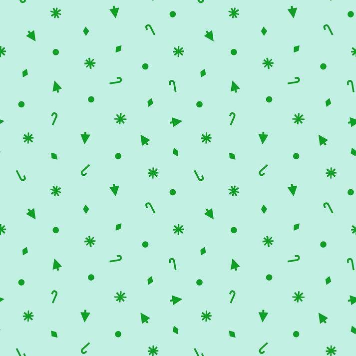Image of Merry Happy Christmas Confetti Mint quilting cotton fabric by Kimberly Kight of Ruby Star Society for Moda Fabrics. Features christmas icons on a green background. Cute Little Fabric Shop.