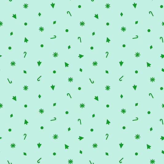 Image of Merry Happy Christmas Confetti Mint quilting cotton fabric by Kimberly Kight of Ruby Star Society for Moda Fabrics. Features christmas icons on a green background. Cute Little Fabric Shop.