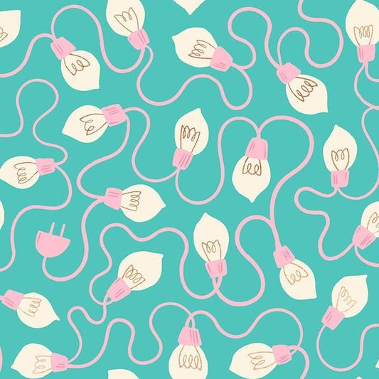 Image of Merry Happy High Strung Metallic Iceberg quilting cotton fabric by Kimberly Kight of Ruby Star Society for Moda Fabrics. Features lights on a blue background. Cute Little Fabric Shop.