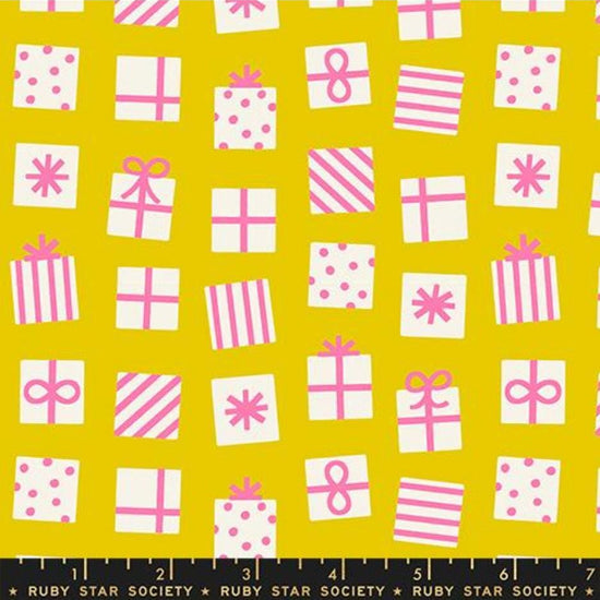 Image of Merry Happy Secret Santa Golden Hour quilting cotton fabric by Kimberly Kight of Ruby Star Society for Moda Fabrics. Features presents on a yellow background. Cute Little Fabric Shop.