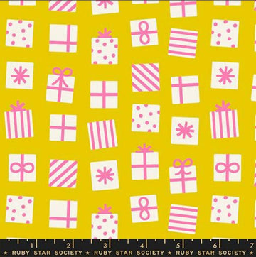 Image of Merry Happy Secret Santa Golden Hour quilting cotton fabric by Kimberly Kight of Ruby Star Society for Moda Fabrics. Features presents on a yellow background. Cute Little Fabric Shop.