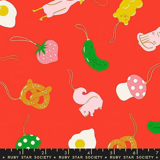 Image of Merry Happy Find the Pickle Metallic Lollipop quilting cotton fabric by Kimberly Kight of Ruby Star Society for Moda Fabrics. Features novelty ornaments on a red background. Cute Little Fabric Shop.