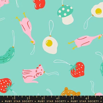 Image of Merry Happy Find The Pickle Frost quilting cotton fabric by Kimberly Kight of Ruby Star Society for Moda Fabrics. Features novelty ornaments on a blue background. Cute Little Fabric Shop.