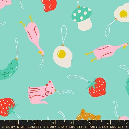 Image of Merry Happy Find The Pickle Frost quilting cotton fabric by Kimberly Kight of Ruby Star Society for Moda Fabrics. Features novelty ornaments on a blue background. Cute Little Fabric Shop.