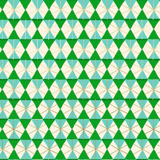 Image of Merry Happy Happy Hexie Metallic Verdant quilting cotton fabric by Kimberly Kight of Ruby Star Society for Moda Fabrics. Features hexagons on a green background. Cute Little Fabric Shop.