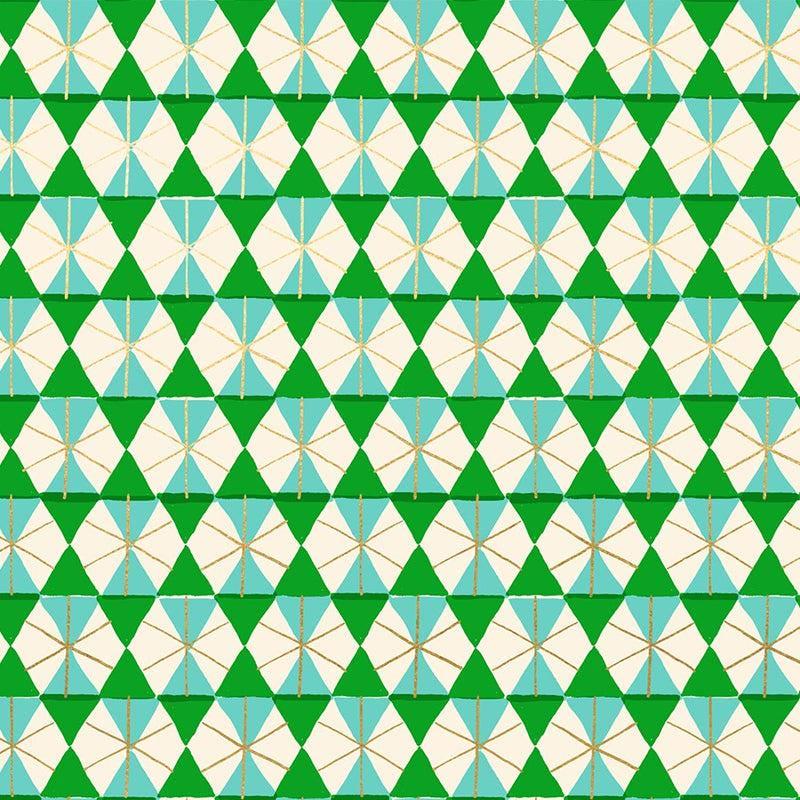 Image of Merry Happy Happy Hexie Metallic Verdant quilting cotton fabric by Kimberly Kight of Ruby Star Society for Moda Fabrics. Features hexagons on a green background. Cute Little Fabric Shop.