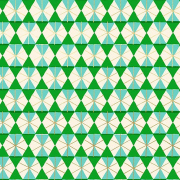 Image of Merry Happy Happy Hexie Metallic Verdant quilting cotton fabric by Kimberly Kight of Ruby Star Society for Moda Fabrics. Features hexagons on a green background. Cute Little Fabric Shop.