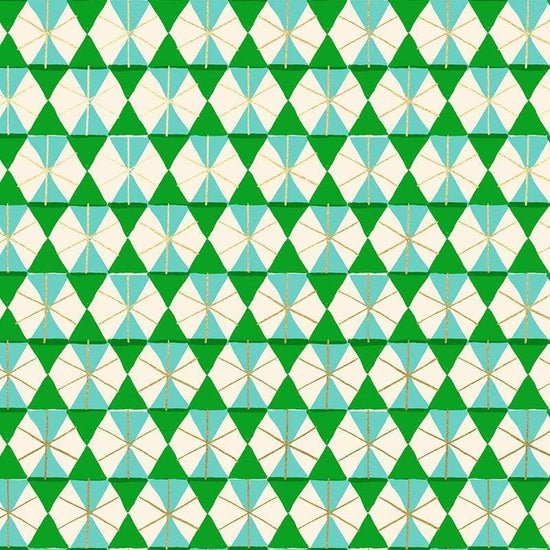 Image of Merry Happy Happy Hexie Metallic Verdant quilting cotton fabric by Kimberly Kight of Ruby Star Society for Moda Fabrics. Features hexagons on a green background. Cute Little Fabric Shop.