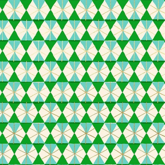 Image of Merry Happy Happy Hexie Metallic Verdant quilting cotton fabric by Kimberly Kight of Ruby Star Society for Moda Fabrics. Features hexagons on a green background. Cute Little Fabric Shop.