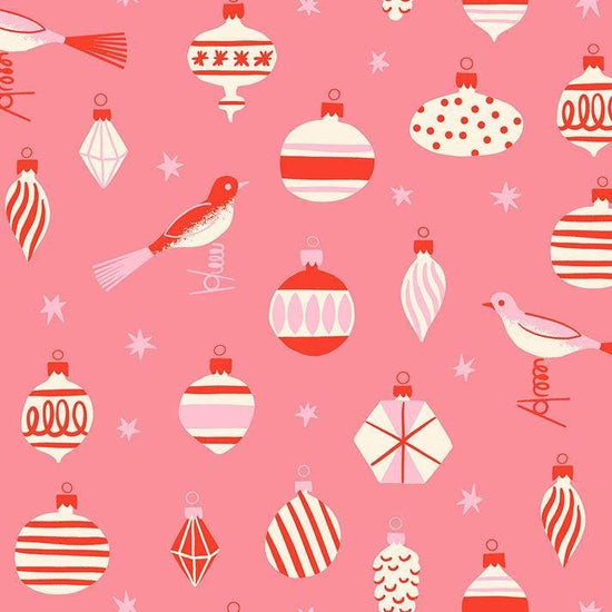 Image of Merry Happy Baubles Sorbet quilting cotton fabric by Kimberly Kight of Ruby Star Society for Moda Fabrics. Features ornaments on a pink background. Cute Little Fabric Shop.