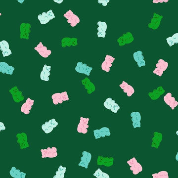 Image of Merry Happy Merry Gummies Jade quilting cotton fabric by Kimberly Kight of Ruby Star Society for Moda Fabrics. Features gummy bears on a green background. Cute Little Fabric Shop.