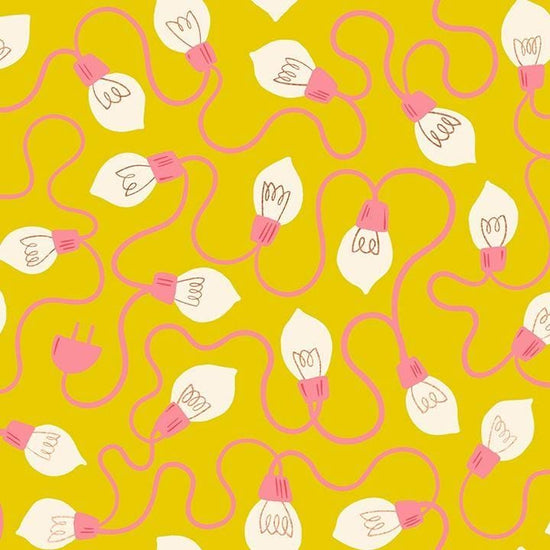 Image of Merry Happy High Strung Metal Golden Hour quilting cotton fabric by Kimberly Kight of Ruby Star Society for Moda Fabrics. Features lights on a yellow background. Cute Little Fabric Shop.