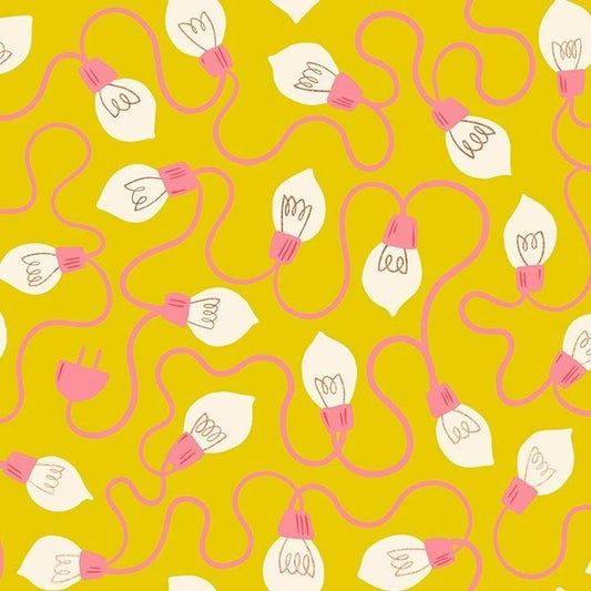 Image of Merry Happy High Strung Metal Golden Hour quilting cotton fabric by Kimberly Kight of Ruby Star Society for Moda Fabrics. Features lights on a yellow background. Cute Little Fabric Shop.