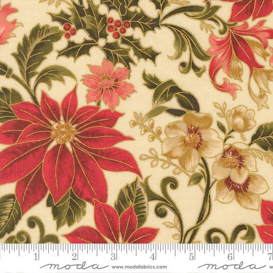 Image of Merry Manor 2025 Poinsettia Cream quilting cotton fabric by Moda for Moda Fabrics. Features flowers on a cream background. Cute Little Fabric Shop.