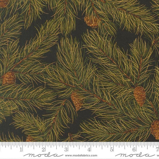 Image of Merry Manor 2025 Pine Ebony quilting cotton fabric by Moda for Moda Fabrics. Features pine needles on a black background. Cute Little Fabric Shop.