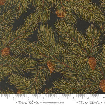 Image of Merry Manor 2025 Pine Ebony quilting cotton fabric by Moda for Moda Fabrics. Features pine needles on a black background. Cute Little Fabric Shop.