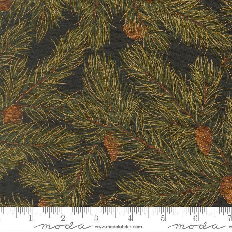 Image of Merry Manor 2025 Pine Ebony quilting cotton fabric by Moda for Moda Fabrics. Features pine needles on a black background. Cute Little Fabric Shop.