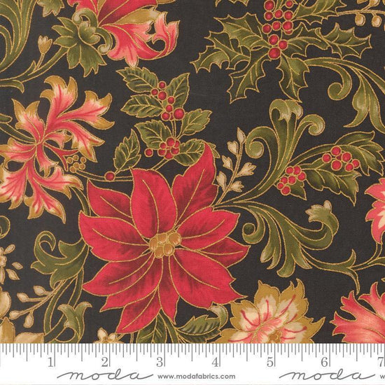 Image of Merry Manor 2025 Poinsettias Ebony quilting cotton fabric by Moda for Moda Fabrics. Features flowers on a black background. Cute Little Fabric Shop.
