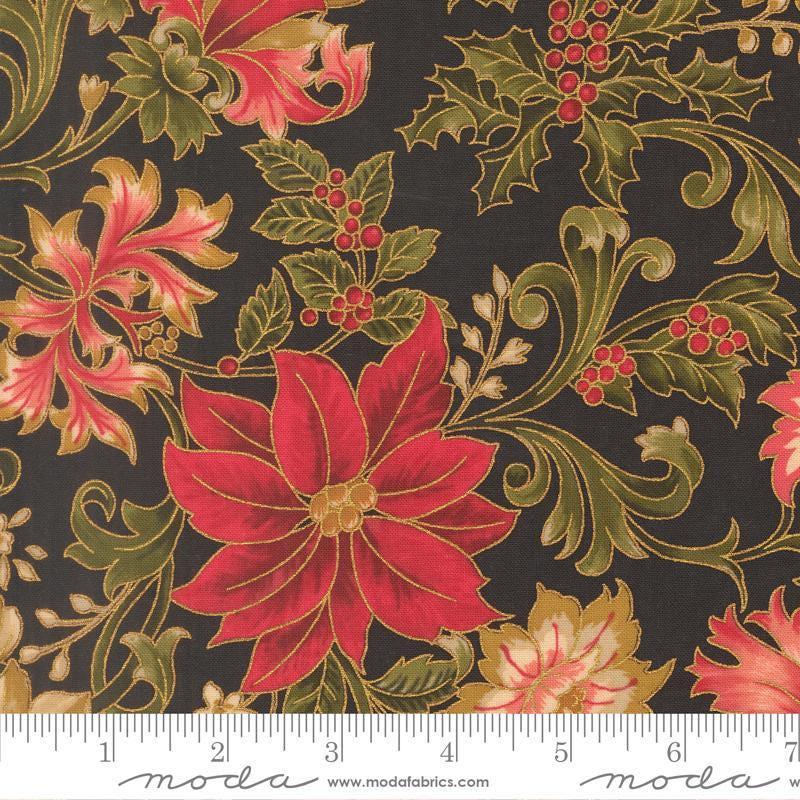 Image of Merry Manor 2025 Poinsettias Ebony quilting cotton fabric by Moda for Moda Fabrics. Features flowers on a black background. Cute Little Fabric Shop.