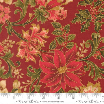 Image of Merry Manor 2025 Poinsettia Crimson quilting cotton fabric by Moda for Moda Fabrics. Features flowers on a red background. Cute Little Fabric Shop.