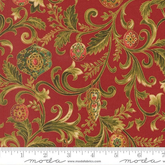 Image of Merry Manor 2025 Twinkling Vines Crimson quilting cotton fabric by Moda for Moda Fabrics. Features vines on a red background. Cute Little Fabric Shop.